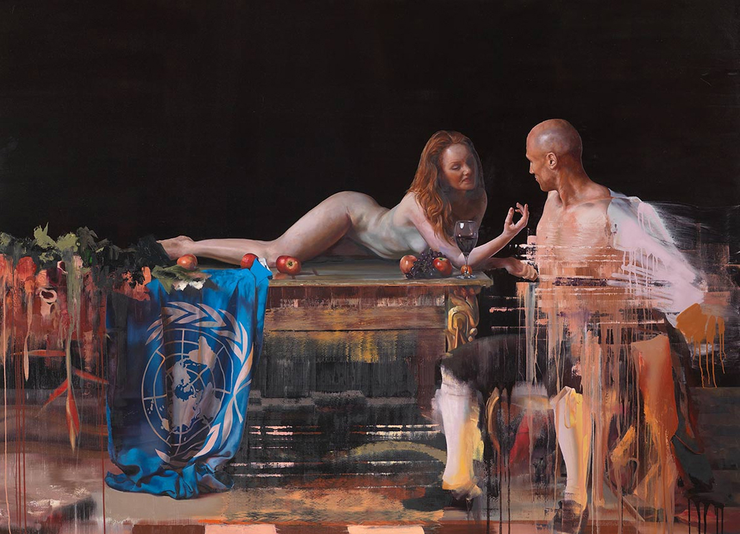 Artist Conor Harrington graffiti painting of red-haired model Ivory Flame