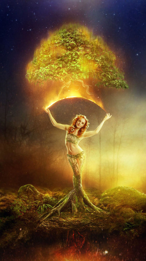 Digital art yoga series by Eithne Ni Anluain of model Ivory Flame in Vrksasana Tree of Life pose