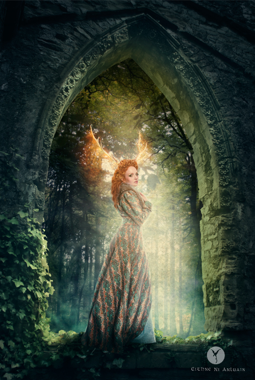 Digital art by Eithne Ni Anluain of red-haired model Ivory Flame