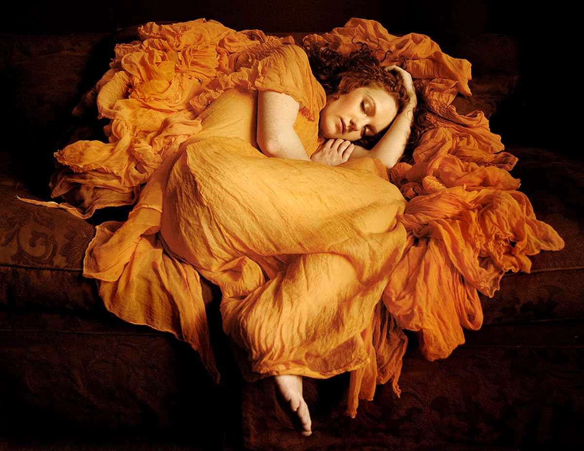 Homage to painting Flaming June by Frederick Leighton, featuring model Ivory Flame