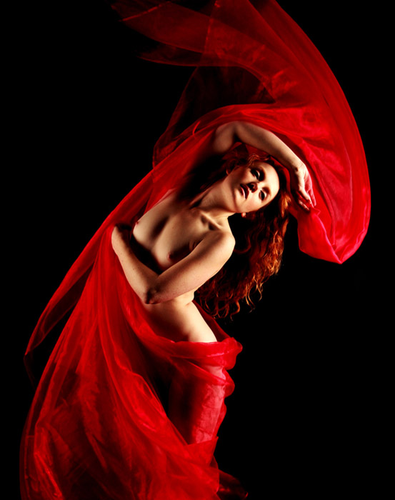 Photographic UK Model Ivory Flame dancing with red fabric by Helen Matthews
