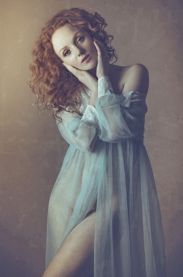 Redhead model Ivory Flame in nightdress by Karen Jones Photographer
