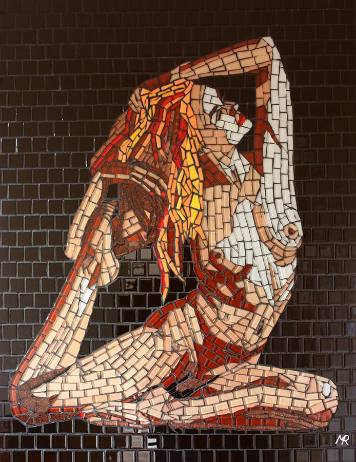 Art Nude Red-haired model Ivory Flame pose in mosaic by Mark Roberts of Provocative Art
