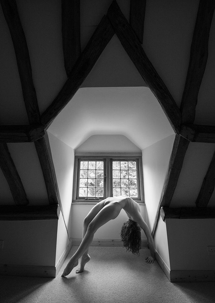 IVORY FLAME nude in window backbend by photographer Tim Pile