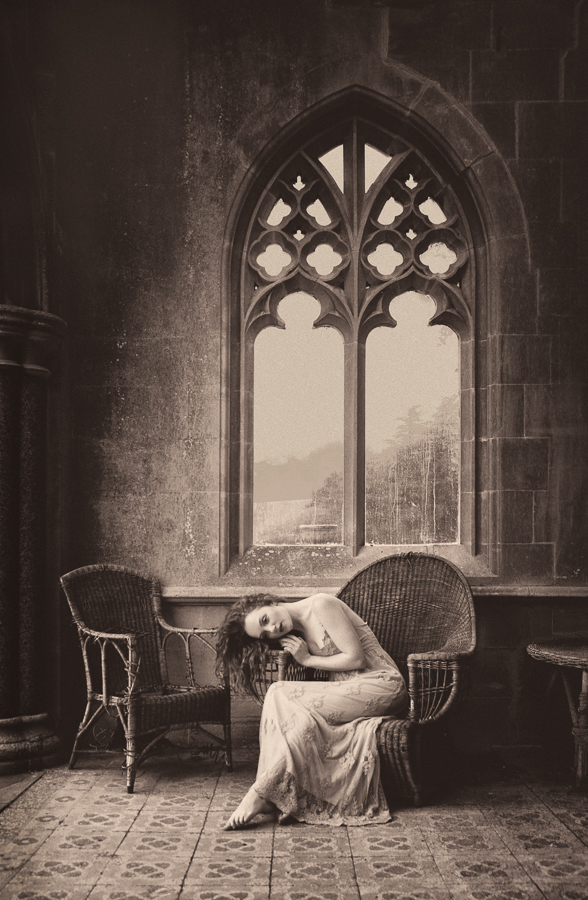 Sepia photography of pre-raphaelite redhead model Ivory Flame by photographer Tim Pile