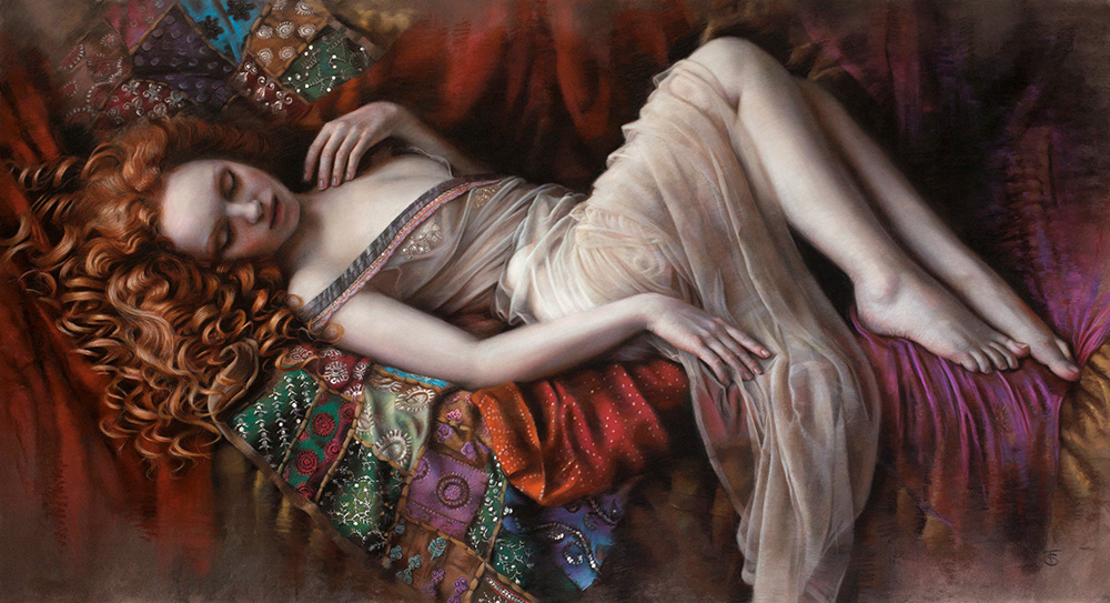 Pastel art piece by artist Tina Spratt of red-haired model Ivory Flame