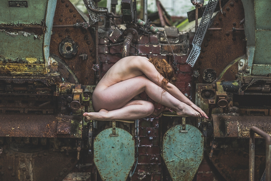 art industrial nude redhead Ivory Flame on location by Ian Coyle photography