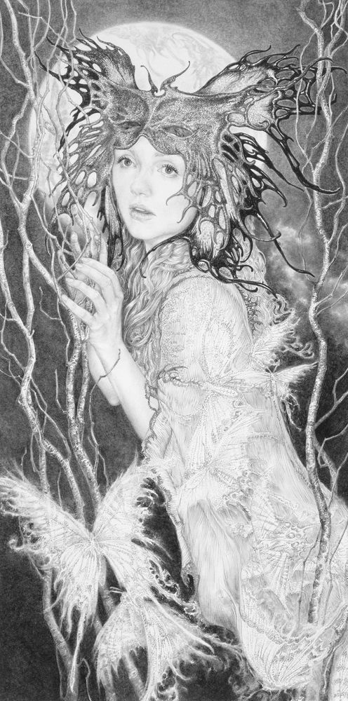 Pencil Illustration of fairy pre-Raphaelite model Ivory Flame by artist Ed Org