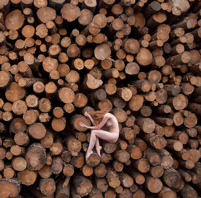 Nude art model Ivory Flame on logs by Calandra